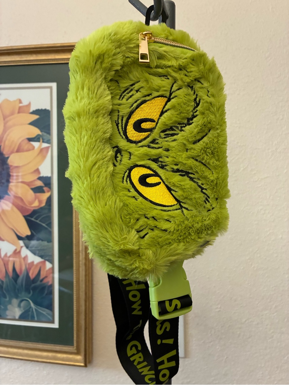 Grinch Green Plush Crossbody Bag / Fanny Pack with Embroidered Eyes